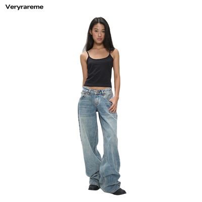 Veryrareme 超低腰蓝色阔腿直筒裤
