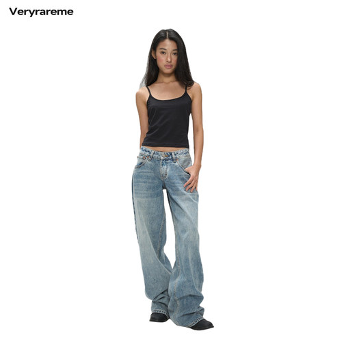 Veryrareme 超低腰蓝色阔腿直筒裤