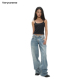 Veryrareme 超低腰蓝色阔腿直筒裤