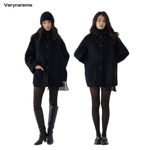 Veryrareme100羊毛双面尼流苏围巾斗篷大衣