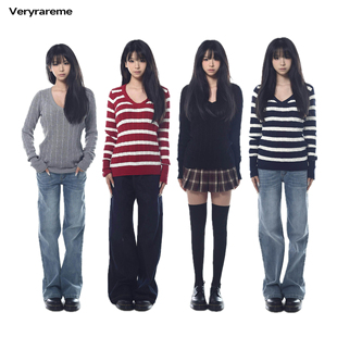 Veryrareme 针织麻花毛衣 v领棉纱修身