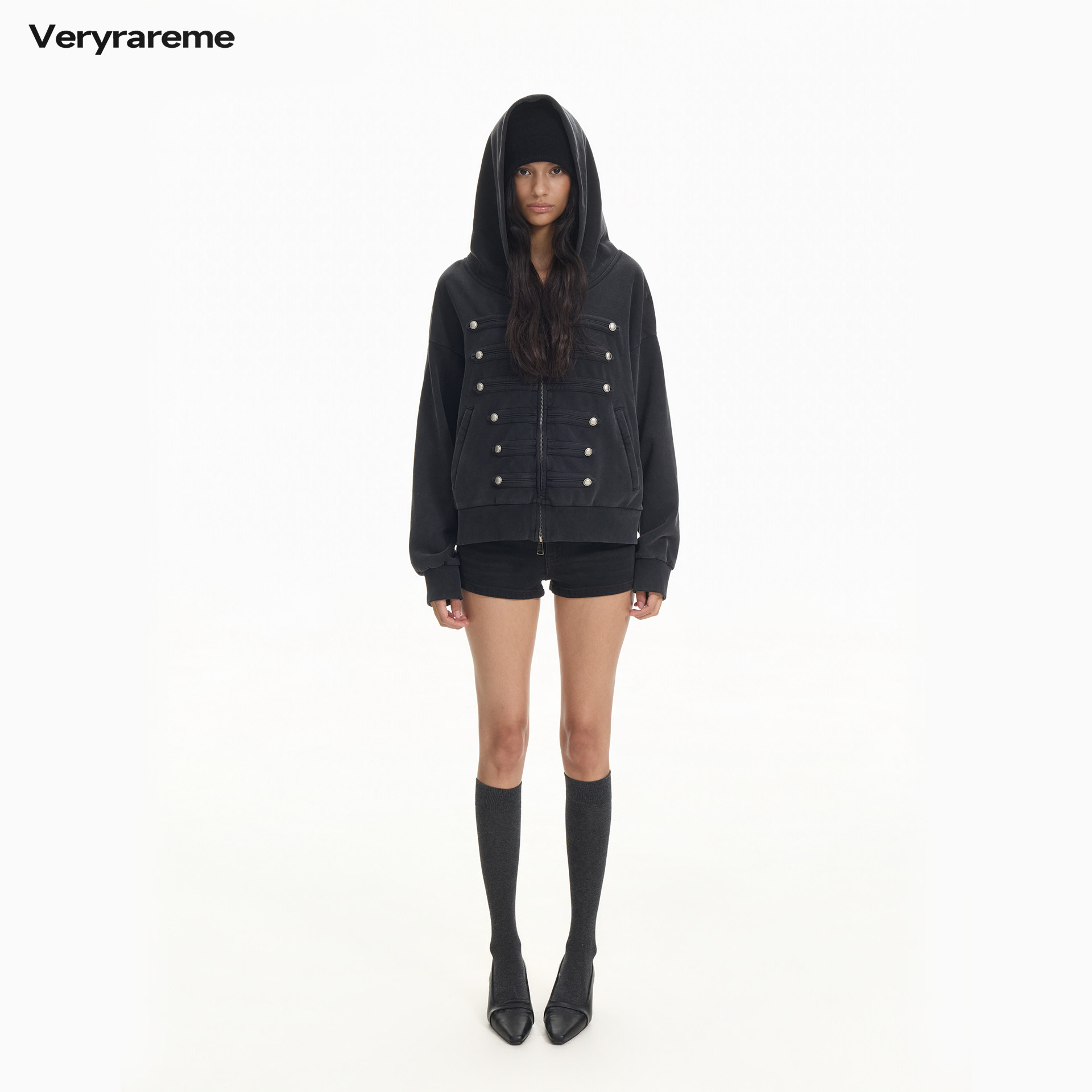 Veryrareme 深灰色水洗拿破仑卫衣做旧水洗连帽外套