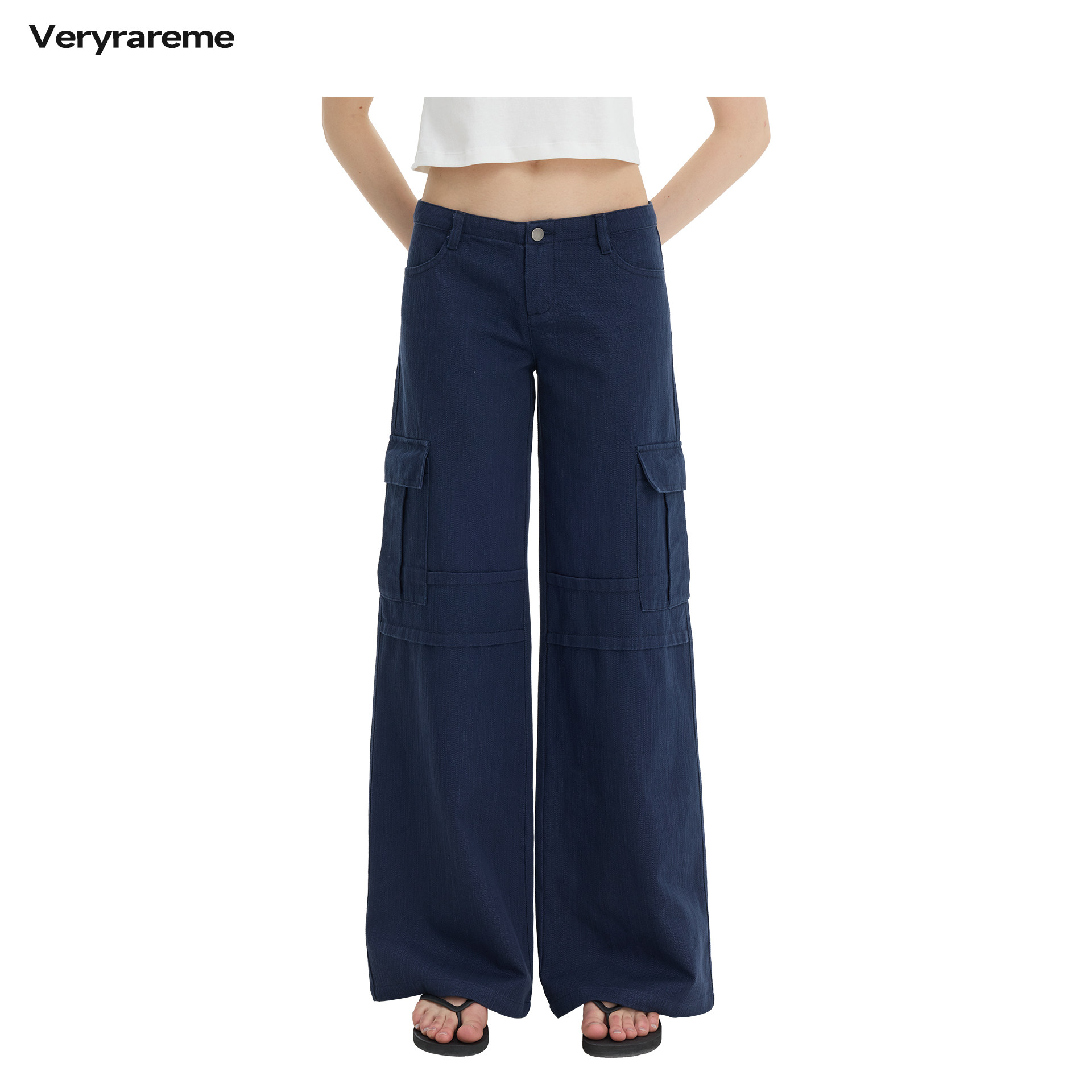 Veryrareme 低腰竹节纹牛仔工装喇叭长裤