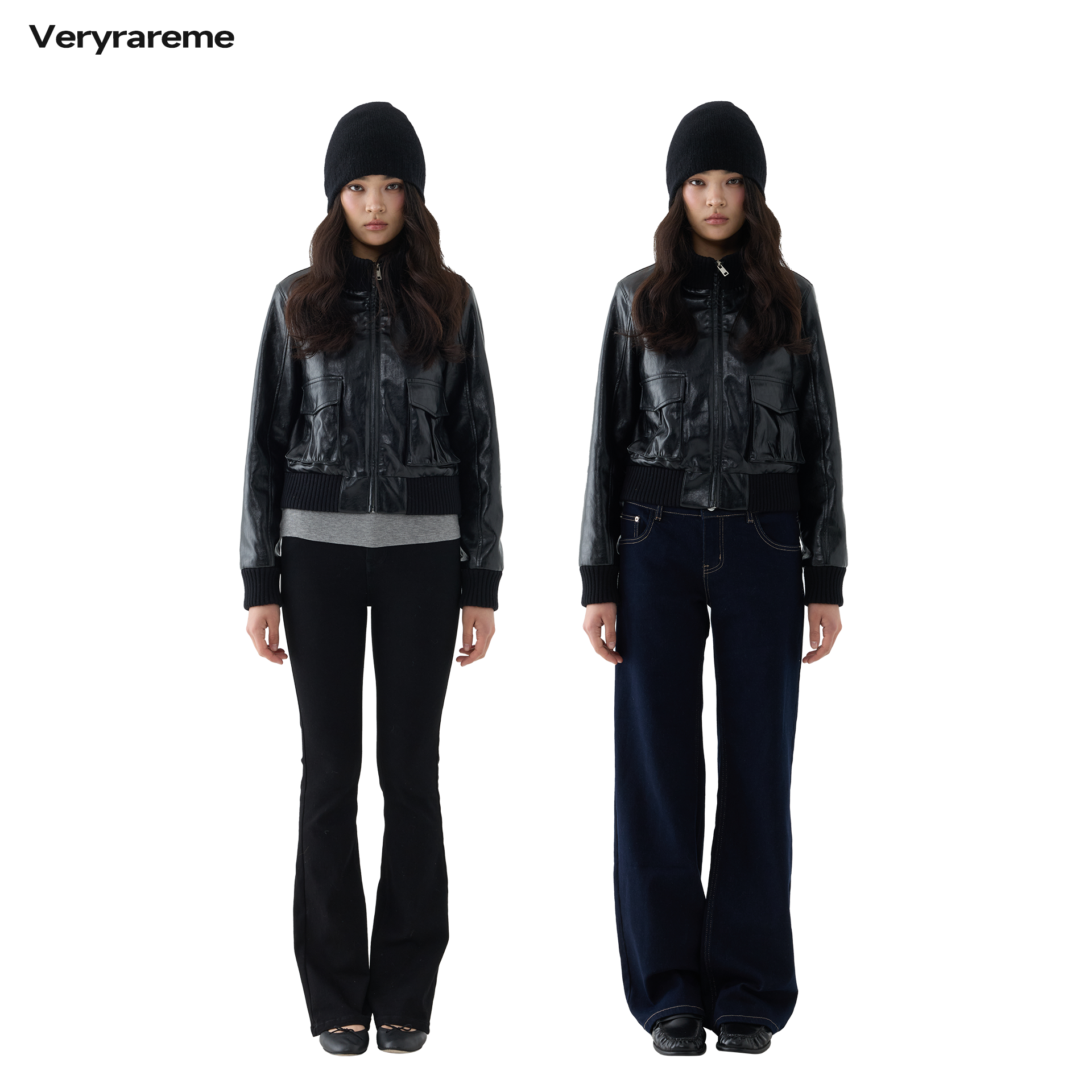 Veryrareme螺纹拼接亮面pu短款皮衣外套