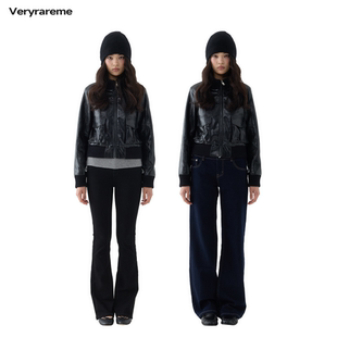 Veryrareme螺纹拼接亮面pu短款 皮衣外套