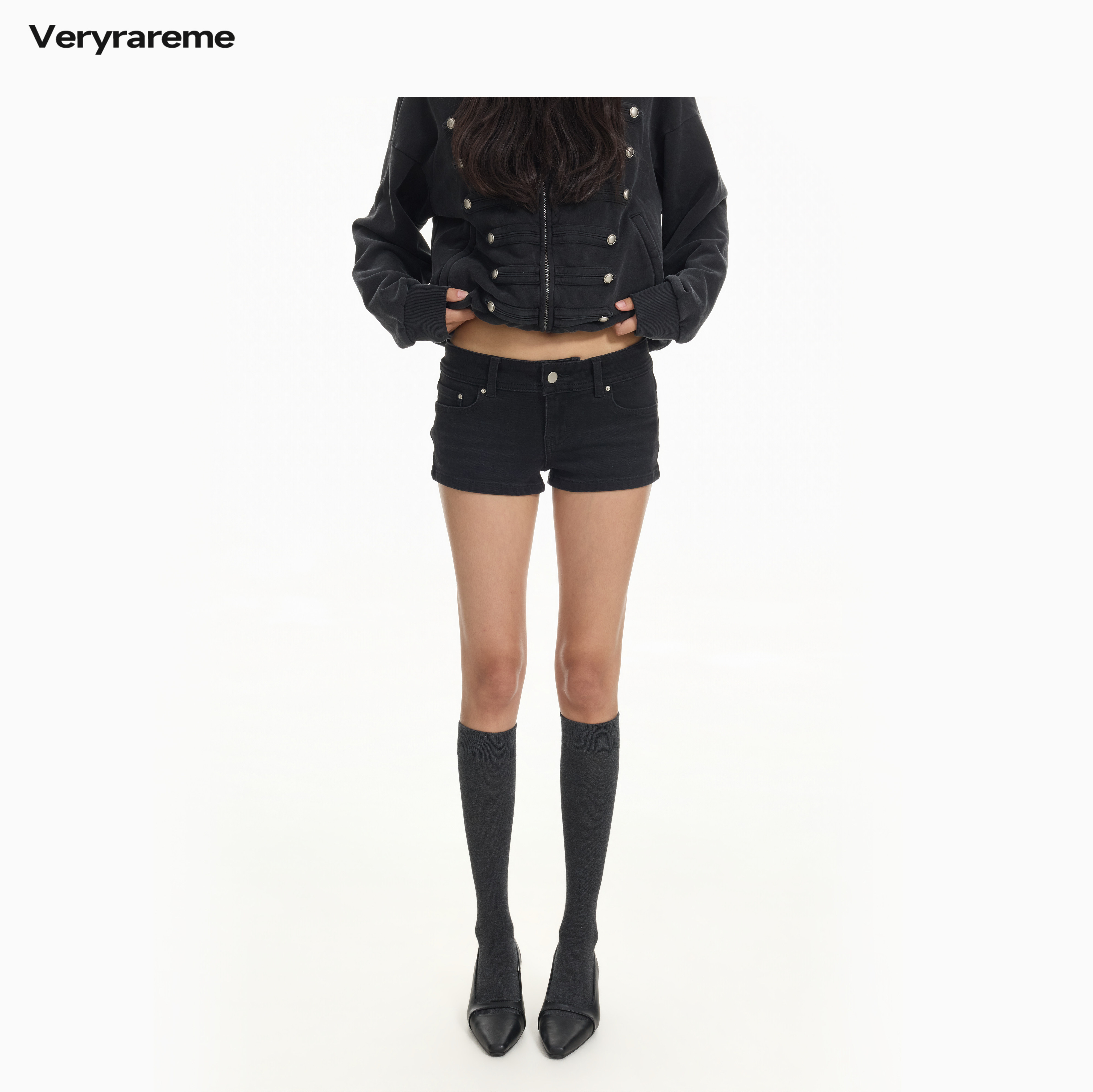 Veryrareme 黑色牛仔短裤女 修身显瘦低腰热裤图片
