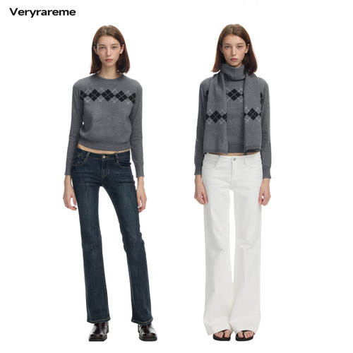 Veryrareme圆领菱格收腰毛衣围巾套装