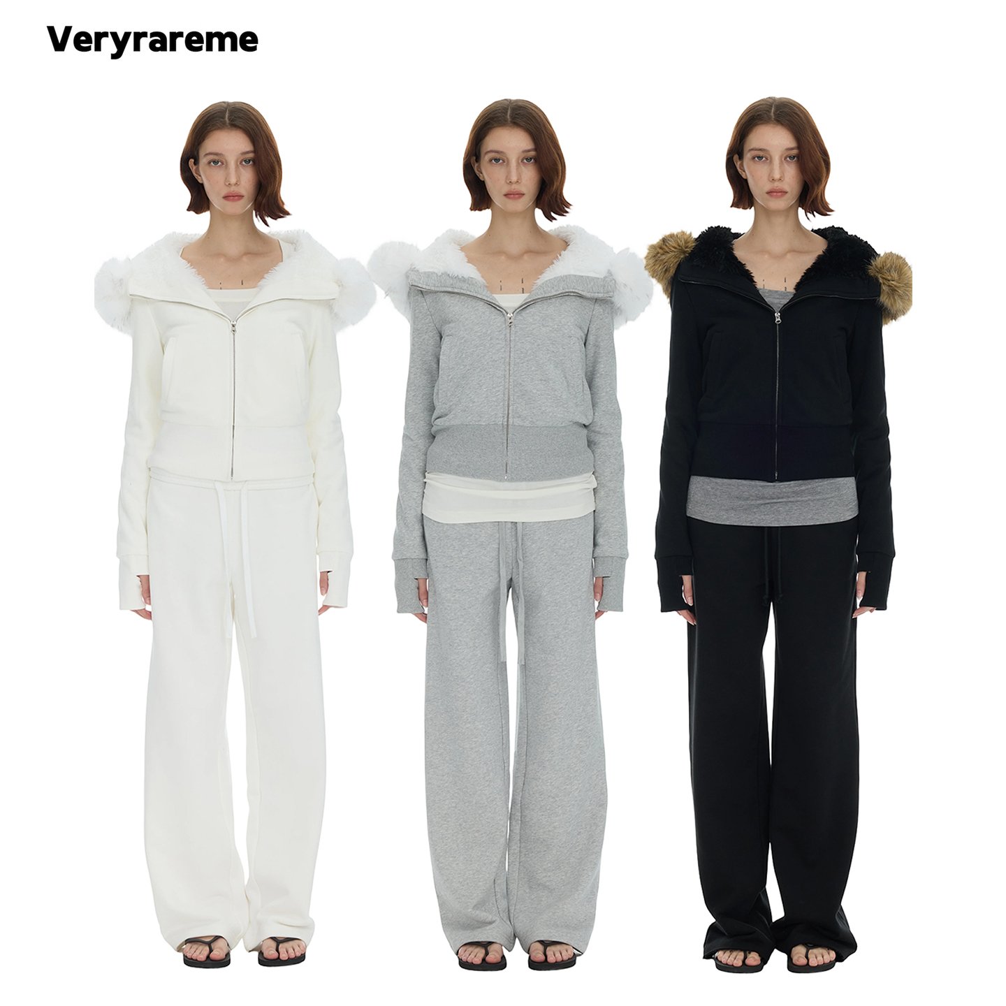 Veryrareme可拆卸大毛领毛绒内胆收腰卫衣外套