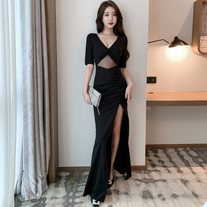 夜场上班工作服性感连衣裙黑色镂空深V领晚礼服长款柔式spa技师服