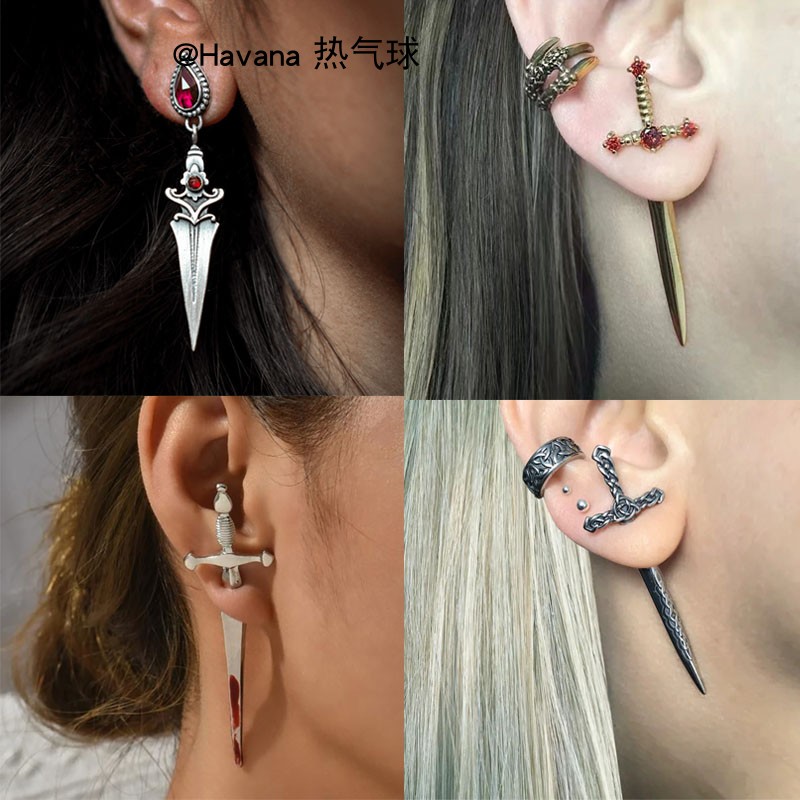哥特式十字架宝剑耳钉 万圣节血红骑士配件匕首耳环耳饰 earring