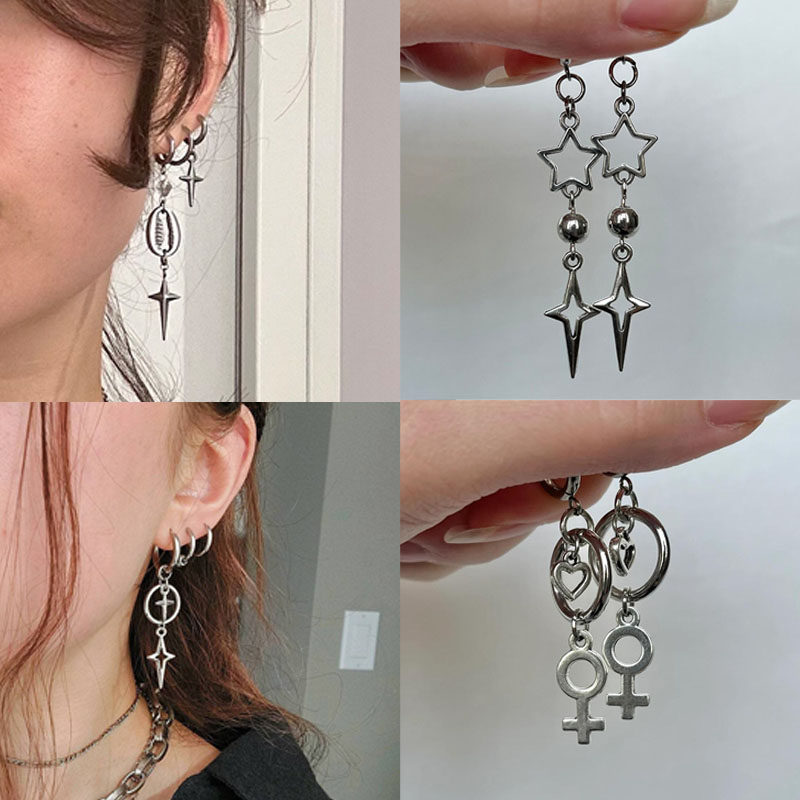 朋克嘻哈十字星垂坠耳环 y2k几何镂空星星耳坠耳饰 Punk Earring