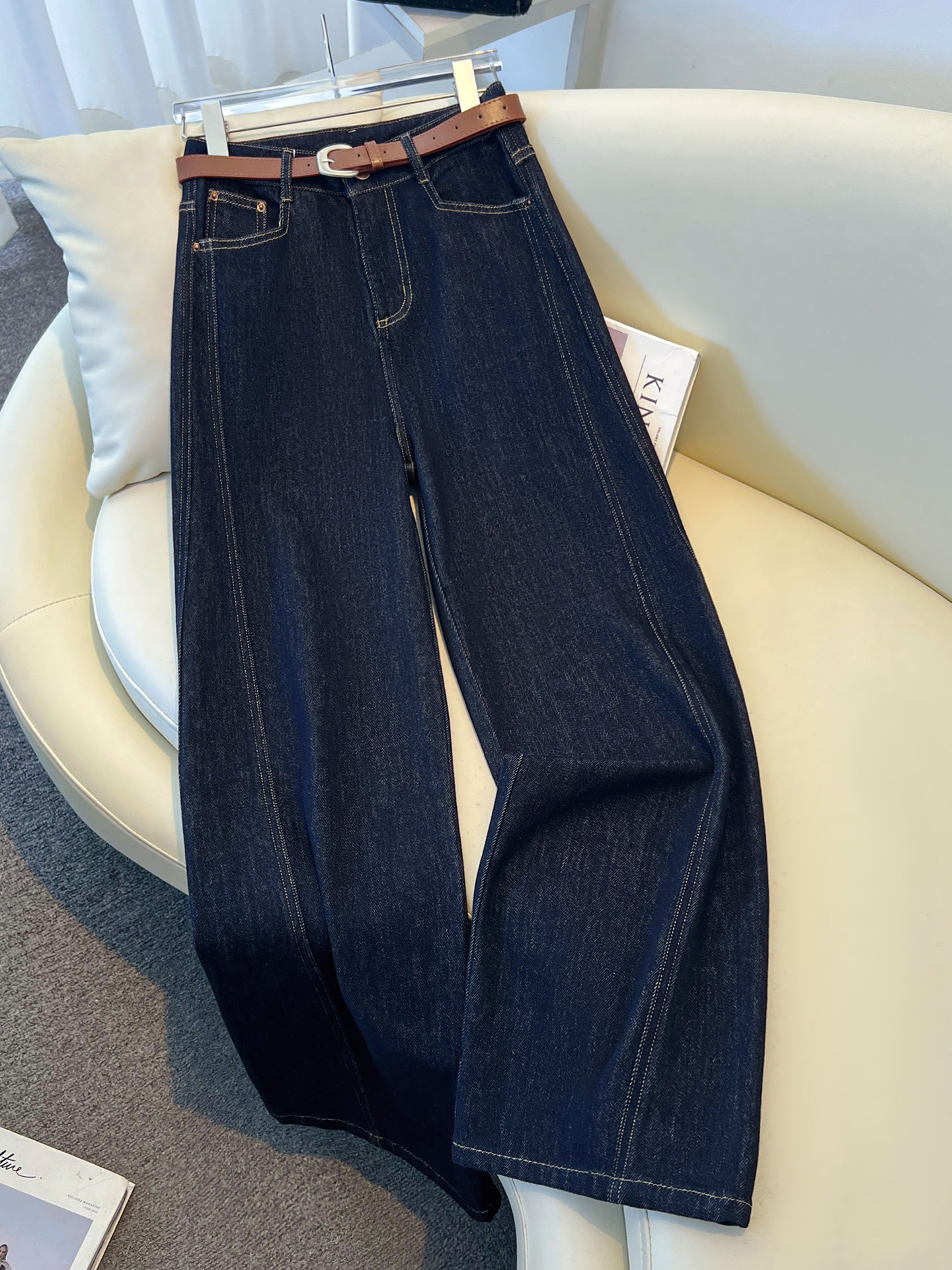 高档丹宁蓝牛仔阔腿裤女春秋2025新款显瘦松弛感垂感弯刀直筒裤子,女装/女士精品,牛仔裤,淘宝优惠券,粉丝福利购,淘宝优惠卷