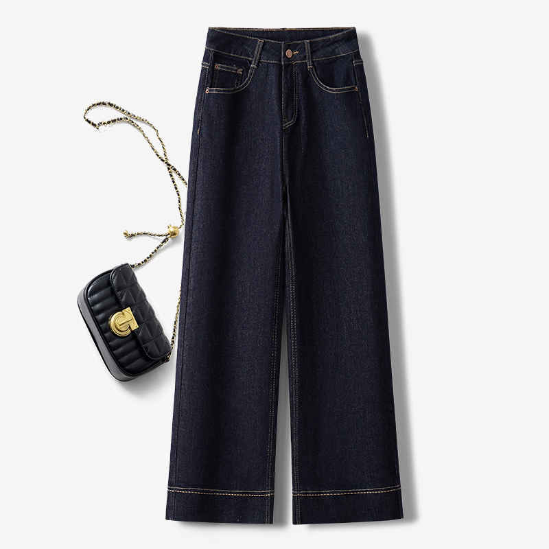高档深蓝色九分牛仔阔腿裤女春秋2025梨型身材加绒宽松显瘦直筒裤