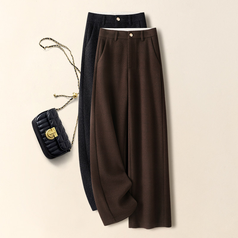 高端咖色羊毛呢阔腿裤女秋冬2025新款宽松显瘦加厚醋酸羊绒直筒裤