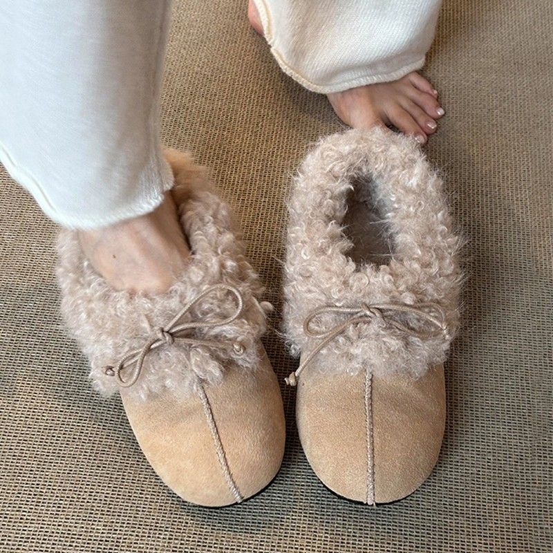 加绒毛毛鞋女款2025冬季新款勃肯鞋雪地靴一脚蹬蝴蝶结保暖棉鞋子