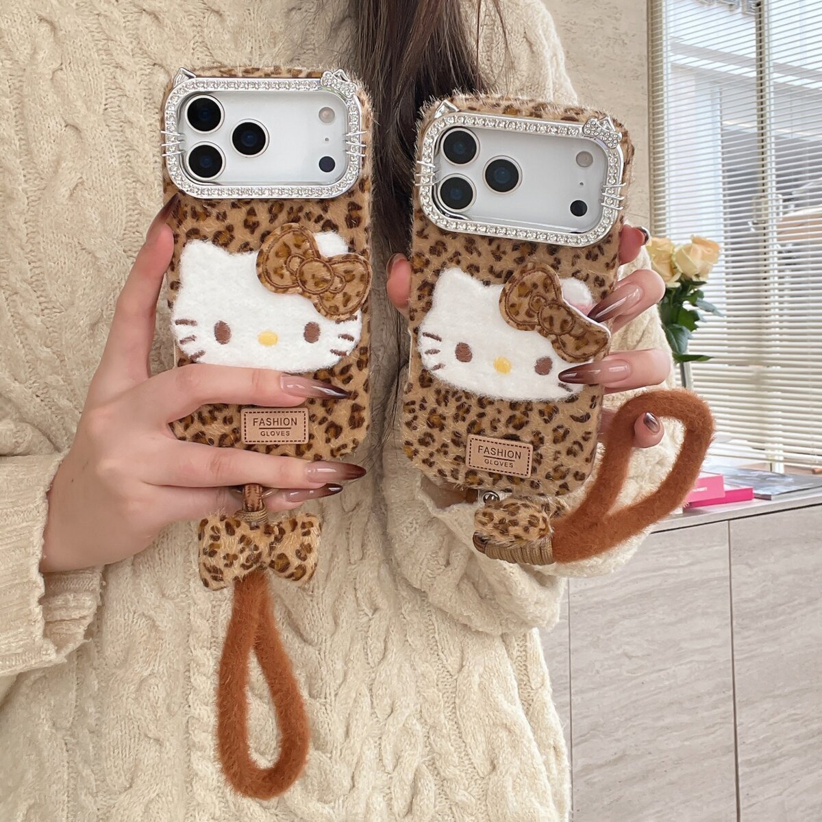 豹纹kt猫毛绒手机壳可爱卡通个性