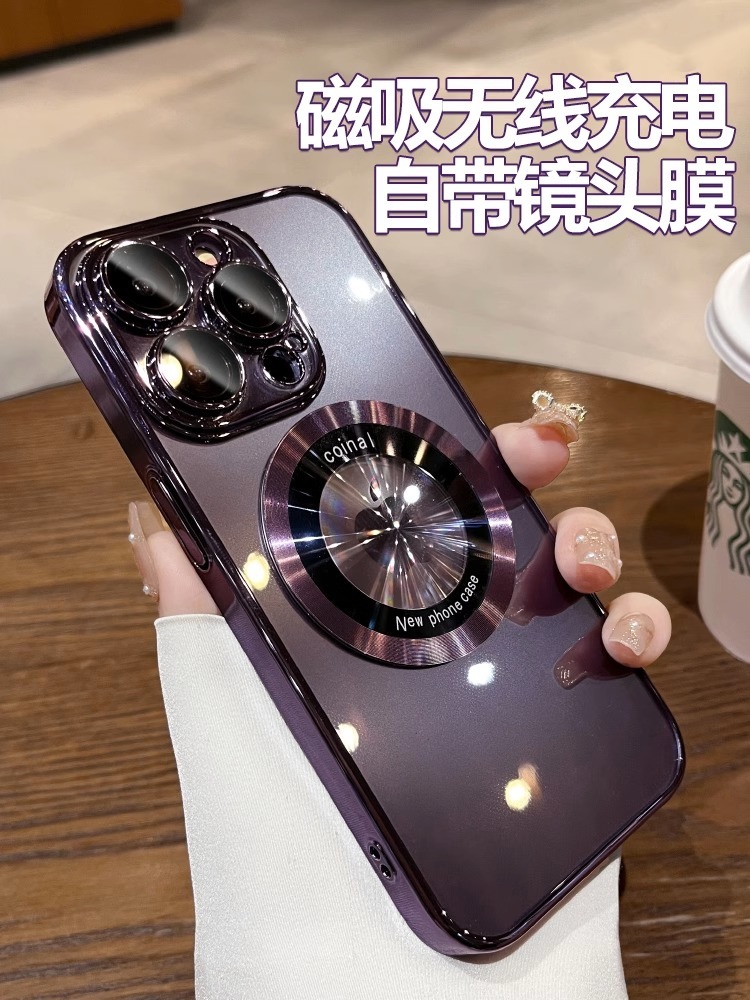 Magsafe磁吸适用苹果14promax手机壳新款iPhone15pro电镀ip13pm透明女plus高级带镜头膜全包防摔12pro防尘网