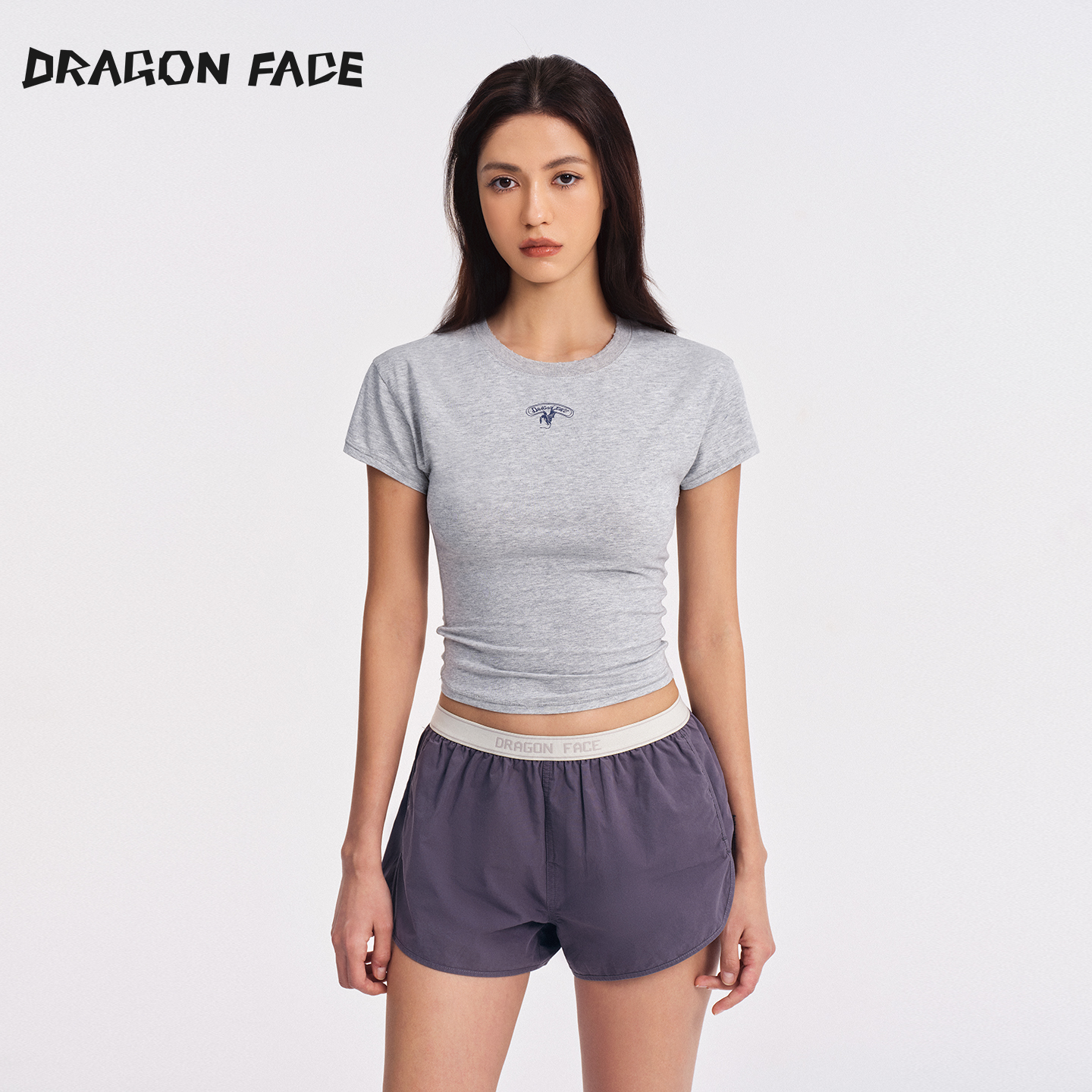 【王玉雯同款】龙脸DRAGON FACE 浅花灰色平纹印花T恤宽肩窄腰T恤