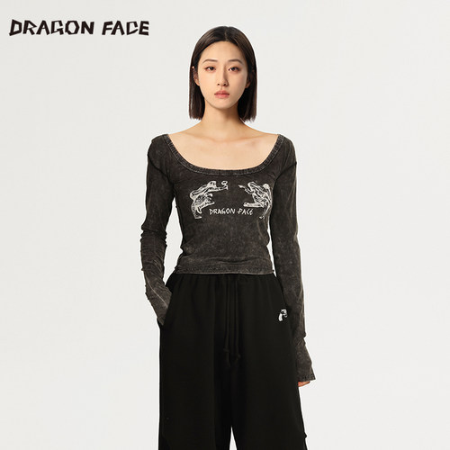 明星同款大U领上衣龙脸