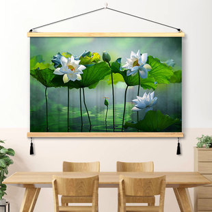 荷花莲花风景挂画荷叶山水画装饰画书房客厅玄关遮墙画免打孔壁画