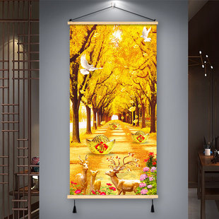 黄金满地实木挂画银杏大道招财客厅鹿装饰画沙发背景墙壁画免打孔