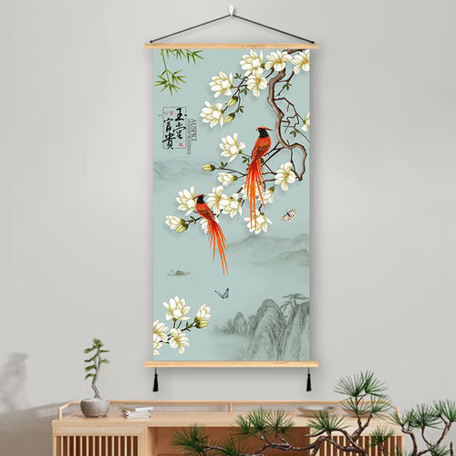 花鸟山水装饰画玄关书房吊挂画禅意古典简约客厅茶室过道实木壁画