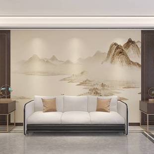 新中式 新款 壁布电视背景墙卧室客厅沙发影视墙纸淡黄暖色系山水8D