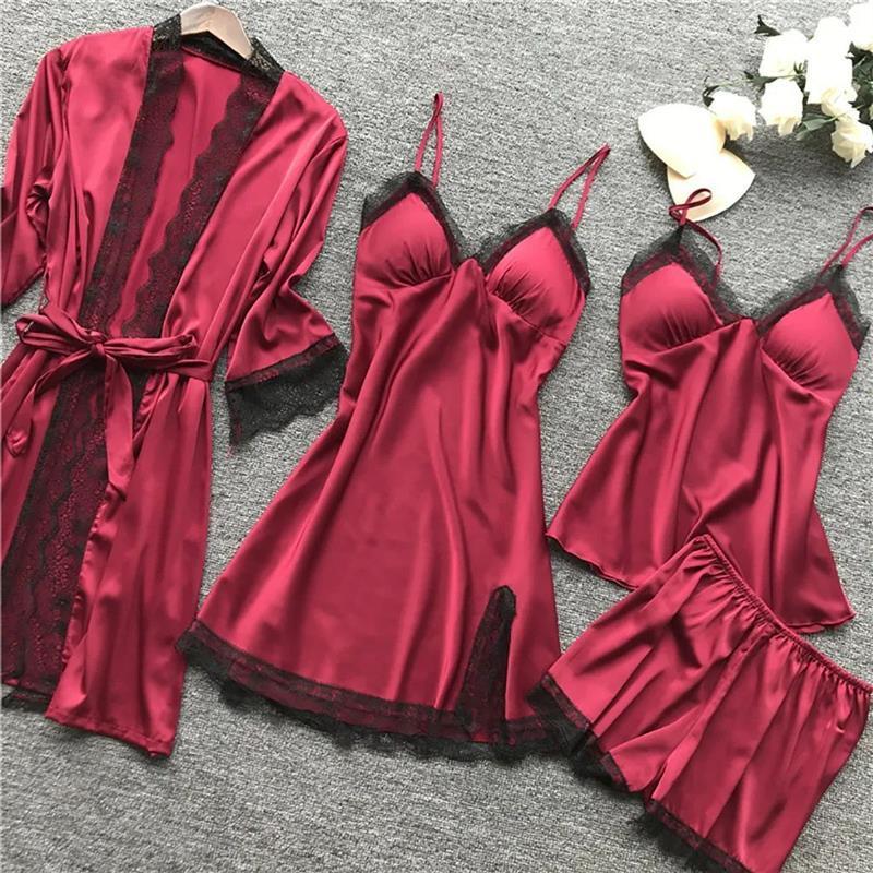 4 Pieces Pajamas Sets Satin Sleepwear Women Silk Nightwear P