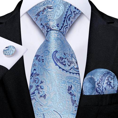 Light Blue Paisley Striped Silk Ties For Men Handkerchief Cu