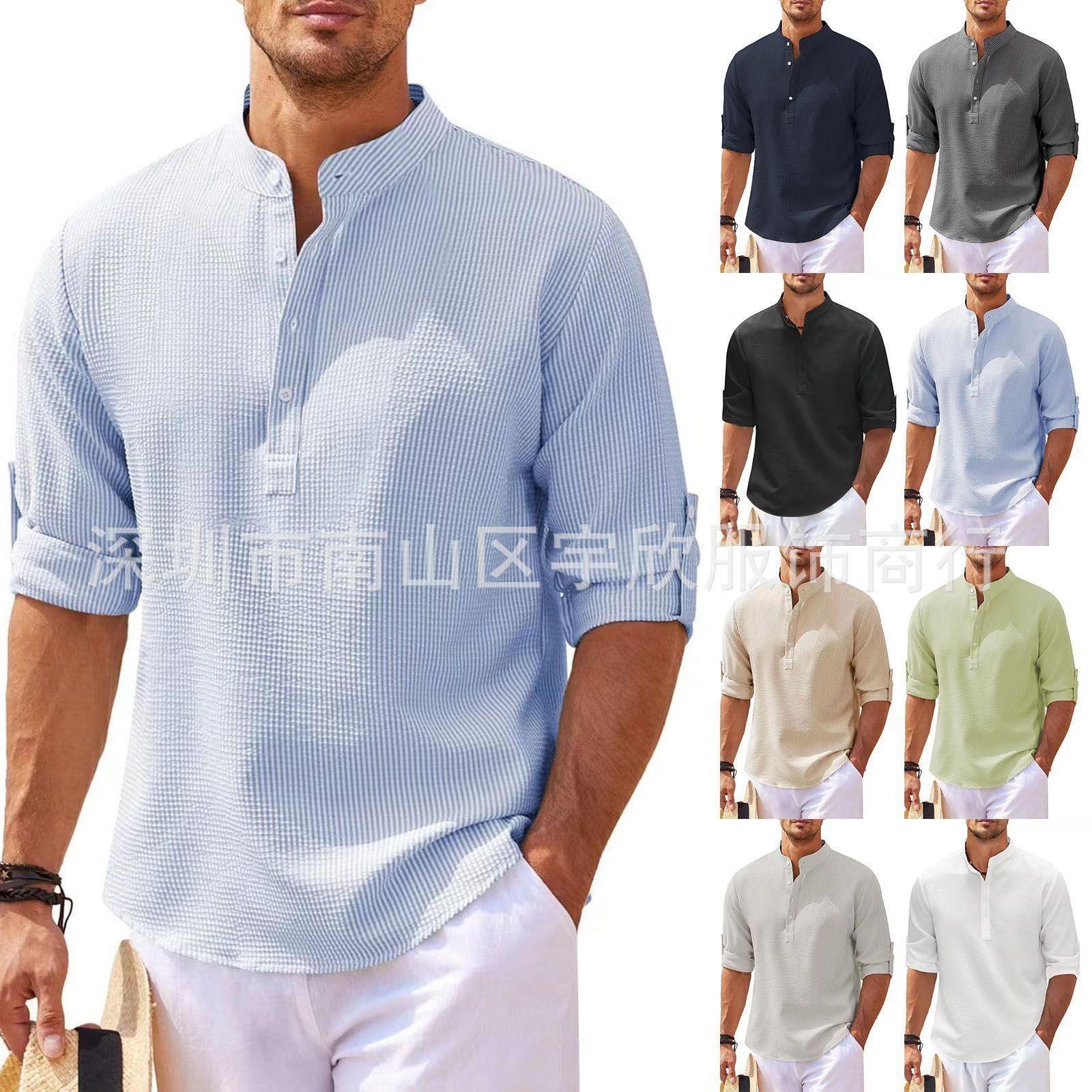Long sleeved standing collar pure men's shirt casual men