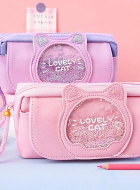 Quicksand Cat Pencil Case Cute Pencil Bag Three Layers Big