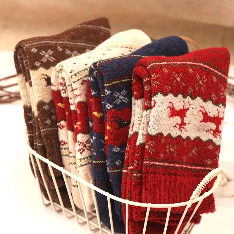 5 Pairs Elk Print Thickened Socks, Comfy & Warm Christmas Mi