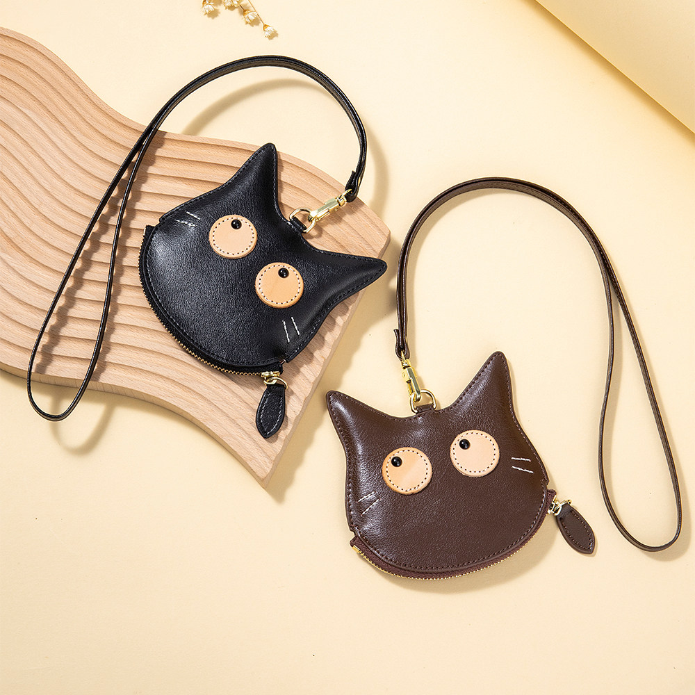 2025新款简约百搭真皮挂脖零钱包高级卡通迷你卡包可爱口红收纳包