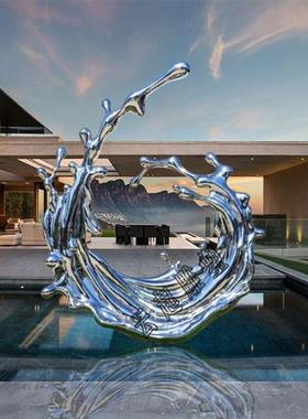 不锈钢水花抽象雕塑定制酒店大堂水景装饰镜面浪花太湖石客厅摆件