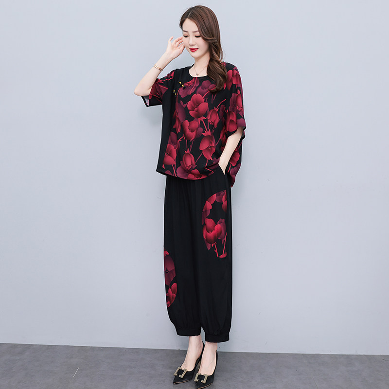 中老年女装套装夏季2026新款妈妈装九分裤大码时尚薄款短袖两件套