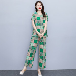 妈妈装 夏季 宽松型大码 九分裤 棉绸两件套 中老年套装 短袖 女2026新款