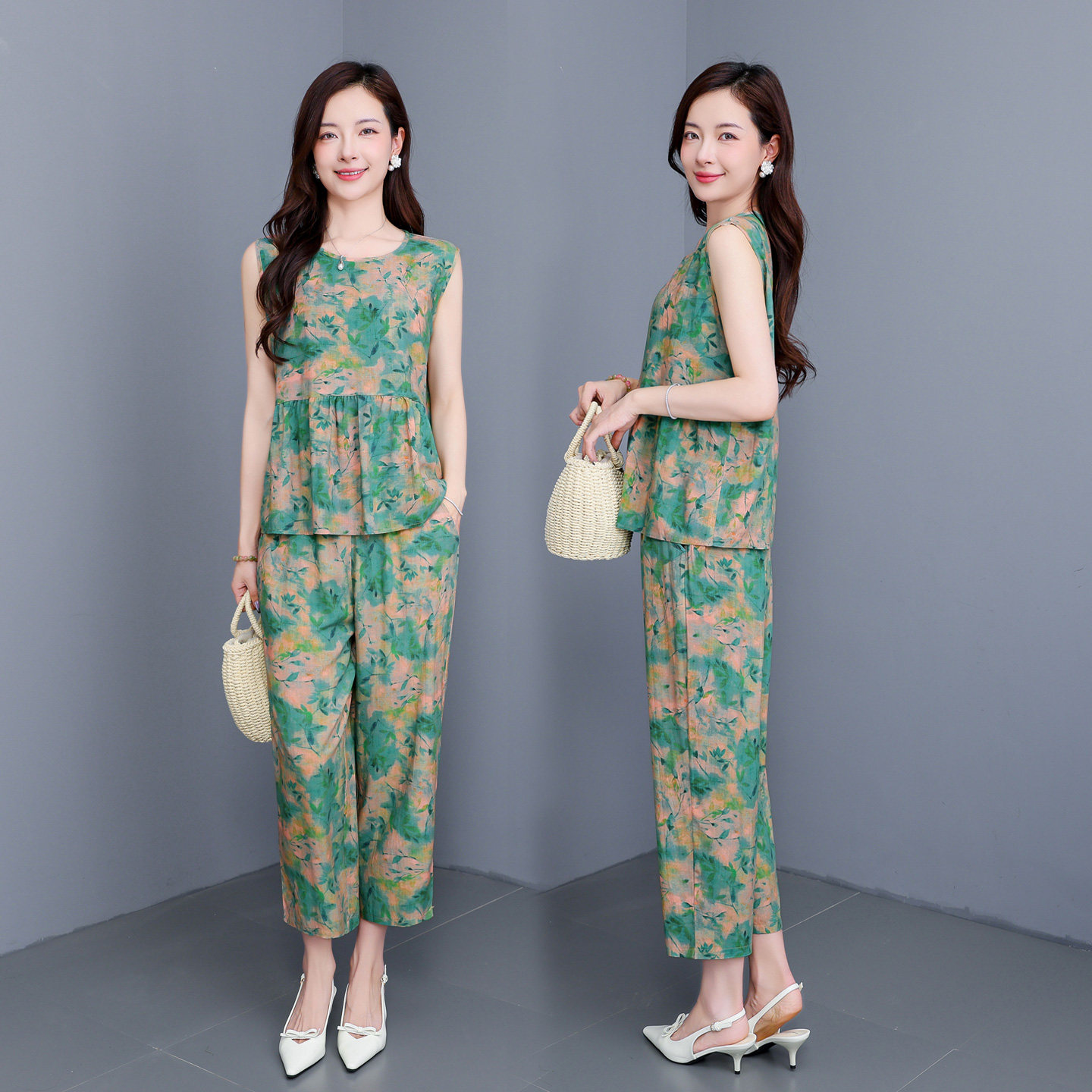 2026新款妈妈夏季棉绸套装女无袖碎花中老年女装大码九分裤两件套