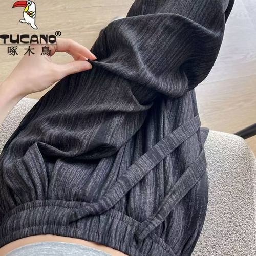 啄木鸟冰丝速干阔腿裤女2025夏季新款高腰垂坠感阔腿裤直筒拖地裤