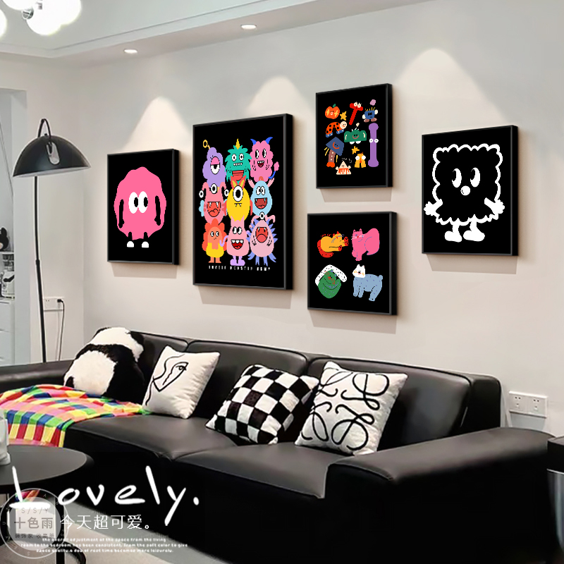 多巴胺客厅装饰画小众艺术沙发背景墙挂画卡通趣味餐厅组合壁画