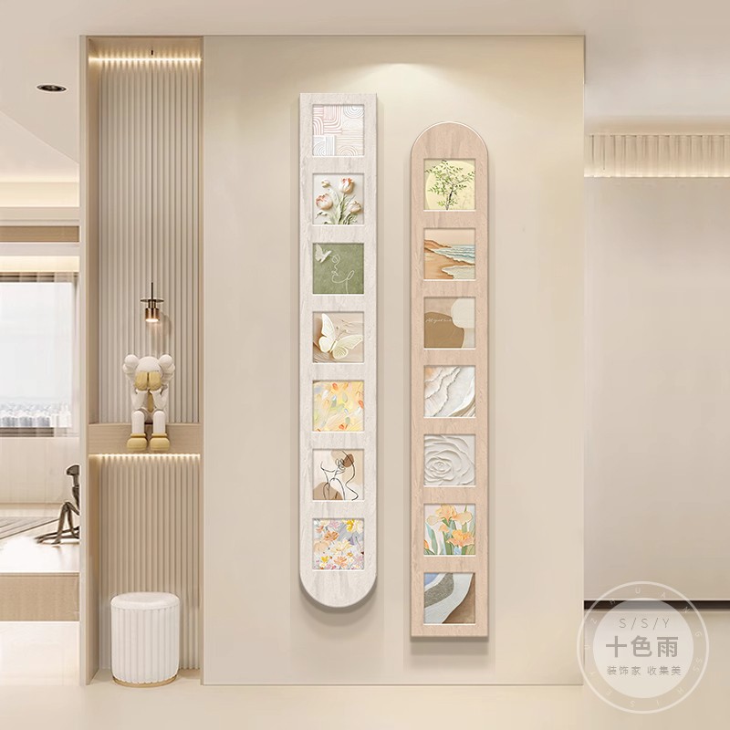 奶油风入户玄关装饰画简约高级正对门挂画竖版客厅窄长条走廊壁画