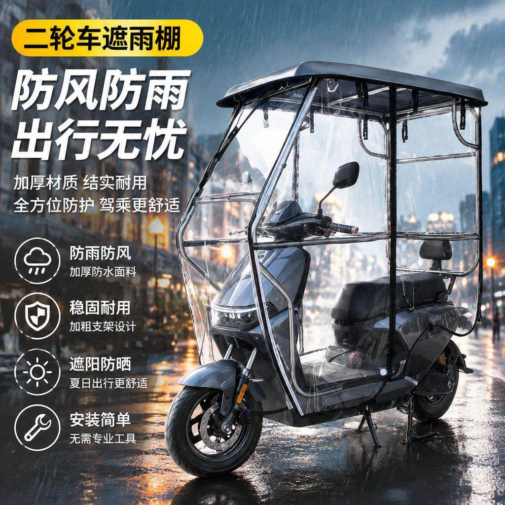 电动车雨棚加宽前挡外卖车雨蓬不锈钢电动雨刷车棚防晒防雨全遮阳