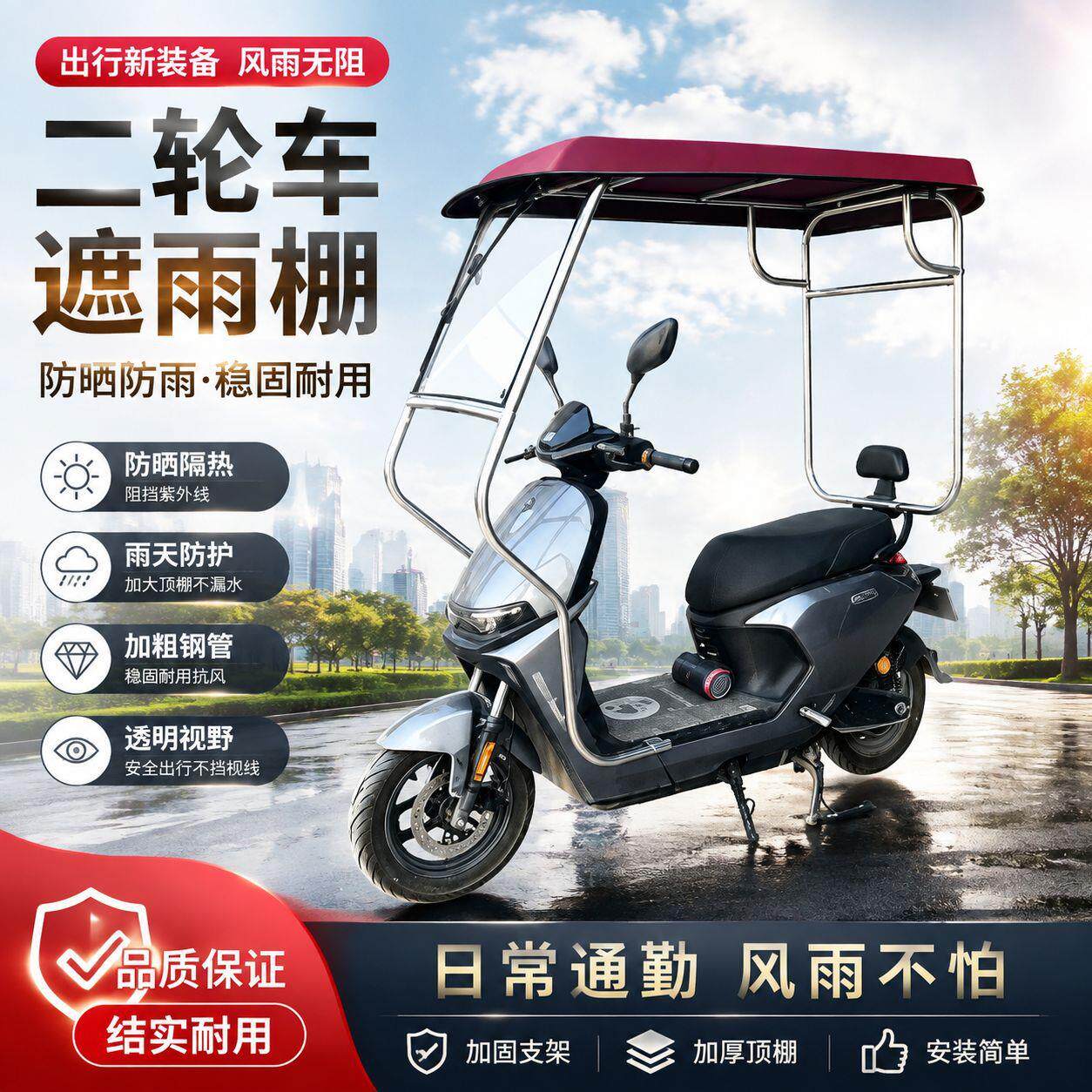 电动车雨棚新款摩托车挡雨篷踏板车挡风罩防晒罩全不锈钢遮雨棚蓬