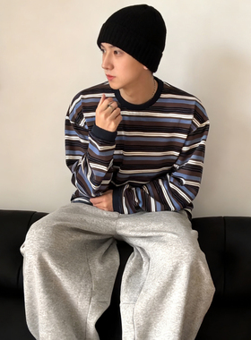 ATA 26春秋新款纯棉长袖青年t恤 男女宽松同款条纹情侣百搭圆领款