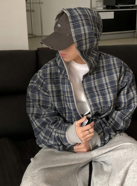 ATA 双面穿美式复古cleanfit短款宽松廓形纯色格纹卫衣连帽外套潮