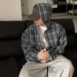 宽松廓形纯色格纹卫衣连帽外套潮 复古cleanfit短款 ATA 双面穿美式