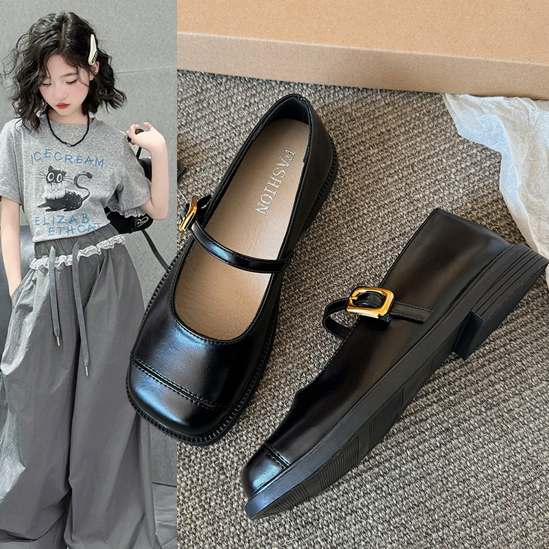 女童黑色低跟玛丽珍单鞋百搭软底