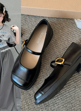 女大童黑色低跟玛丽珍单鞋女2025新款夏季法式复古配裙子浅口皮鞋