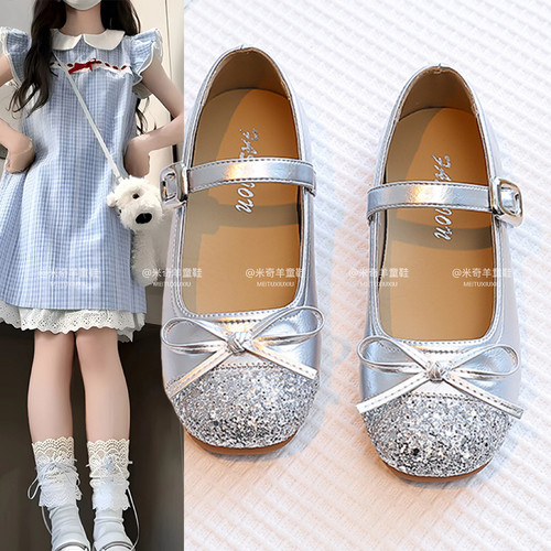 女童水晶舞蹈鞋银色蝴蝶皮鞋软底