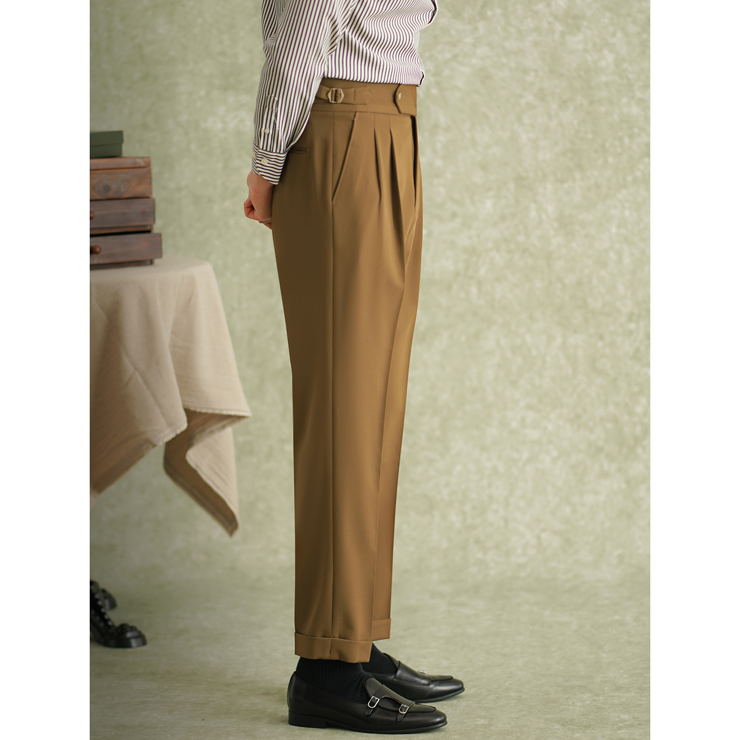 YOUSEKOO那不勒斯高腰西裤男英伦商务复古直筒长裤休闲修身双褶边