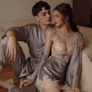 维多利亚冰丝性感纯欲睡衣女情侣吊带睡裙睡袍男丝绸两件套家居服